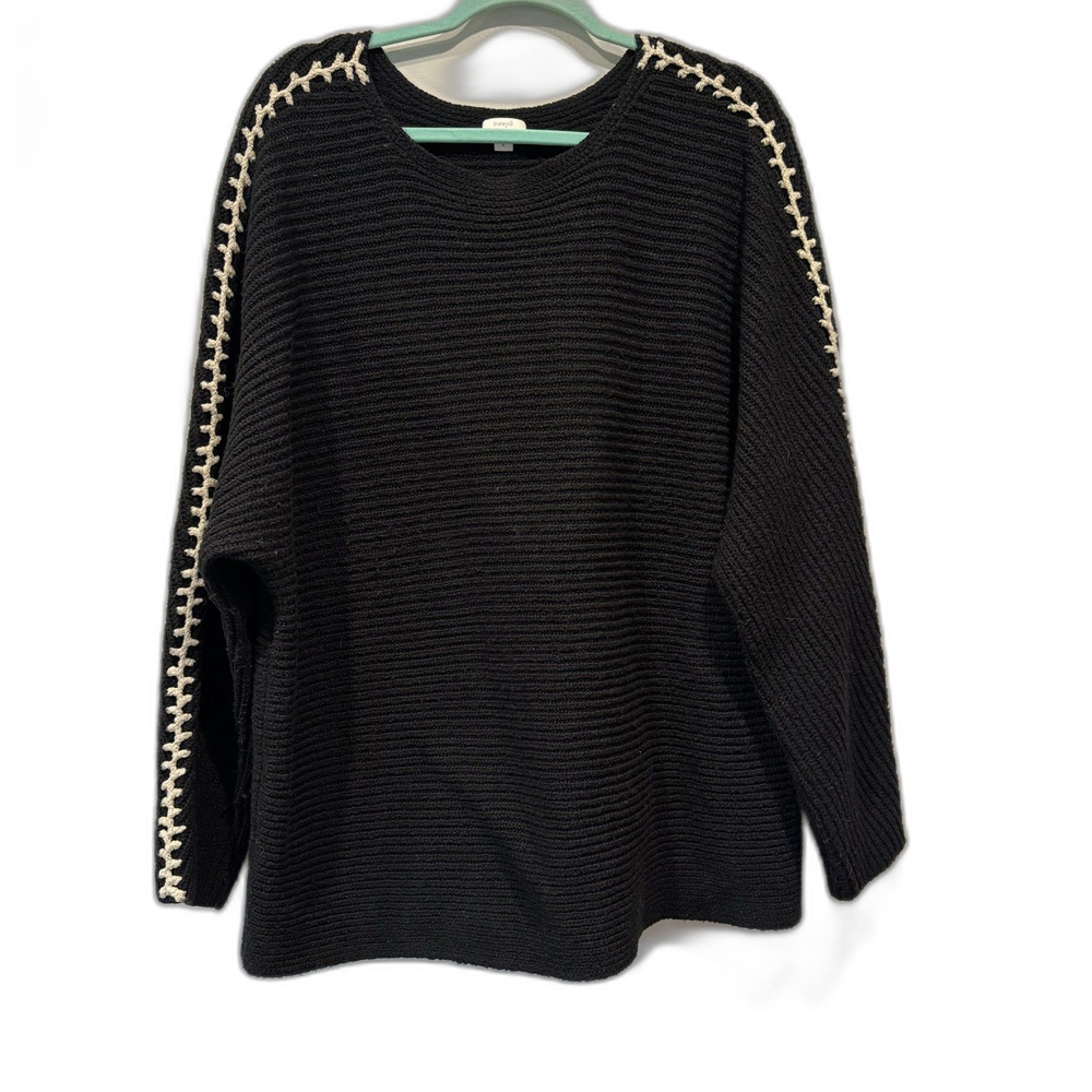 J. Jill Sweater Knit Whipstitch Long Sleeve Soft Texture Cozy Black Women XL
